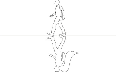 A man is walking. Reflection in the form of an angel with wings. Portrait with reflection on the ground.One continuous line. Line art. Minimum one line. White background. One line drawing.