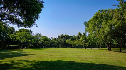 Fototapeta premium A peaceful park with wide open spaces and a clear blue sky, representing freedom in the form of relaxation and enjoying nature
