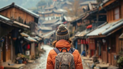 Obraz premium A person exploring a picturesque village, capturing the freedom of travel and the joy of discovering charming, hidden places.