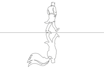 A man is walking. Reflection in the form of an angel with wings. Portrait with reflection on the ground.One continuous line. Line art. Minimum one line. White background. One line drawing.