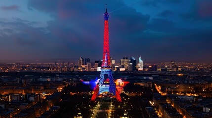 Fototapeta premium The eiffel tower gleaming in the colors of the french flag against the sunset backdrop of paris