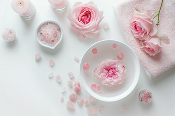 Spa settings with roses. Fresh damask roses and rose petals and various items used in spa treatments. Flat lay, spa and beauty concept.