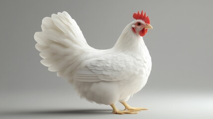 A white chicken with a red comb stands on a grey background.