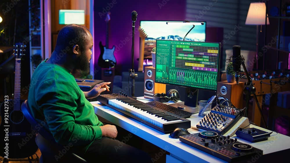 Aufkleber Sound engineer recording piano notes with DAW software in his home studio, working at night on producing new music with electronic tools. Musician composing tunes on midi controller. Camera B.