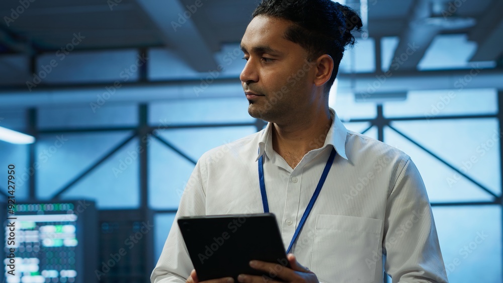 Poster security analyst in data center monitoring security threats, implementing cybersecurity measures. ex