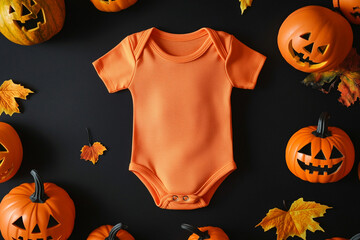 Orange cotton baby bodysuit with Halloween Jack-o'-lantern pumpkins, and fall leaves on black background with copy space, Halloween pregnancy announcement mockup template