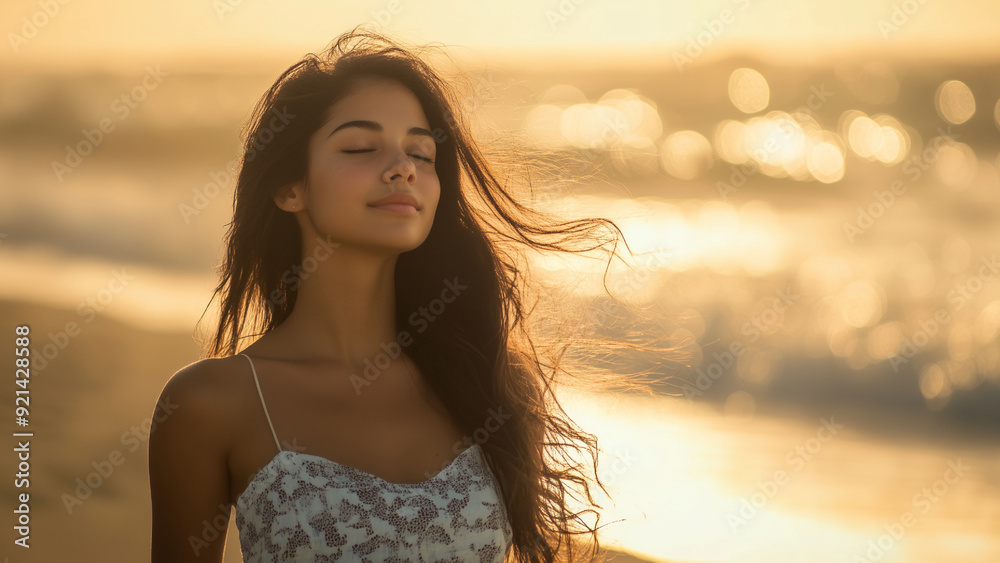 Wall mural female model on serene beach peaceful sunlit beach naturally lit by the soft glow of the setting sun