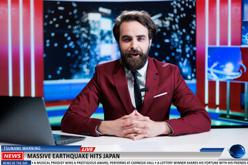 Reporter presents earthquake news in newsroom, live night show program talking about natural...