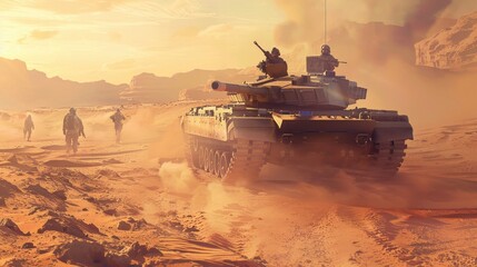 A tank navigates dusty terrain as soldiers move forward against a backdrop of a stunning sunset