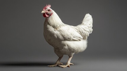 A white hen stands on a gray background. The hen has a red comb, a yellow beak and a white body with black spots. The hen is looking to the left.