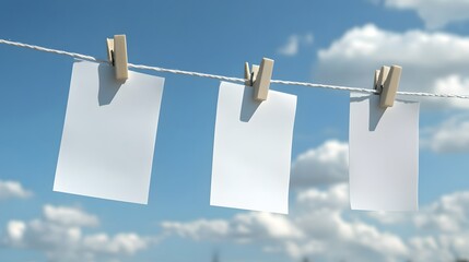 White pegs and blank notes on washing line. 