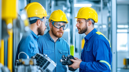Industrial engineers, overseeing the installation of eco-friendly heat pumps in a large factory, with detailed views of compressors and energy-saving technology, reducing carbon em