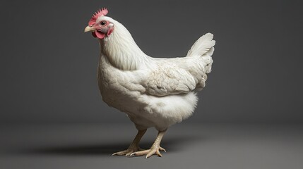 A white hen stands on a grey background, its red comb and wattle contrasting with its white plumage.
