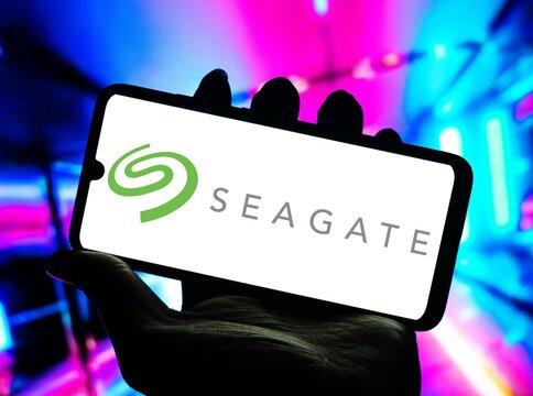 Photo illustration of the Seagate logo is displayed on a smartphone screen, Umuarama August 14, 2024
