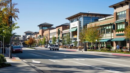 People stroll along a lively shopping street filled with trees, shops, and cars on a sunny day