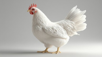 Fototapeta premium A white hen with a red comb and wattle stands on a gray background, facing to the left, with its tail feathers spread out.