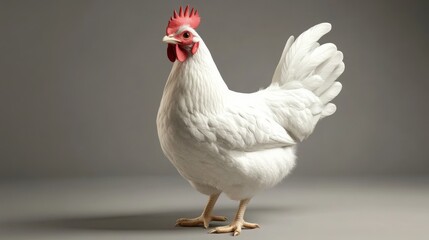 A white hen with a red comb stands against a gray background.