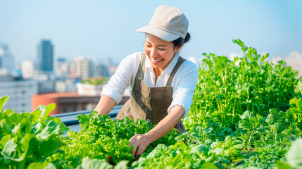 Passionate urban gardener, happily tending to a thriving rooftop garden, surrounded by cityscape, urban sustainability, green living, eco-consciousness