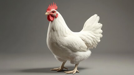 A white hen with a red comb stands against a grey backdrop, its feathers fluffed up, and its legs visible.