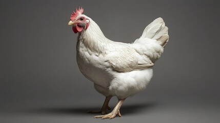 A white hen with a red comb stands on a grey background.