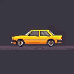 Pixel art of a yellow car driving along a simple road with a dark background.