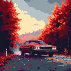 Vintage car driving through a scenic autumn landscape, pixel art style.