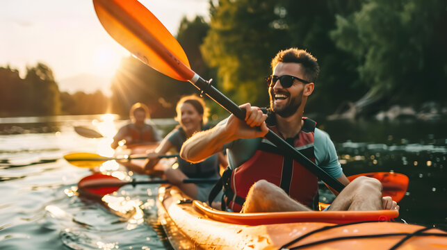 Happy young Caucasian group of friends kayaking on a river with a sunset in the background.