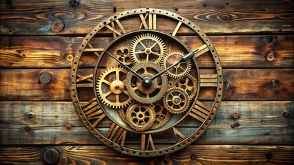 Obraz premium Rustic vintage metal clock with Roman numerals and intricate gear mechanisms against a distressed wooden background, symbolizing time and nostalgia.