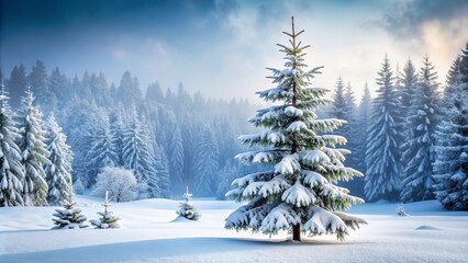 Naklejka premium Snow-covered pine tree in winter forest, needle tree, conifer, pine tree, winter, snow, cold, snowy landscape, nature