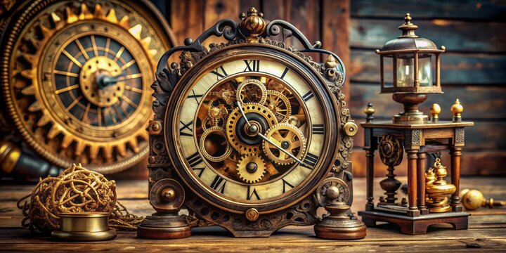 An intricately designed antique clock with Roman numerals and ornate details sits atop a worn wooden table, surrounded by vintage gears and mechanical parts.