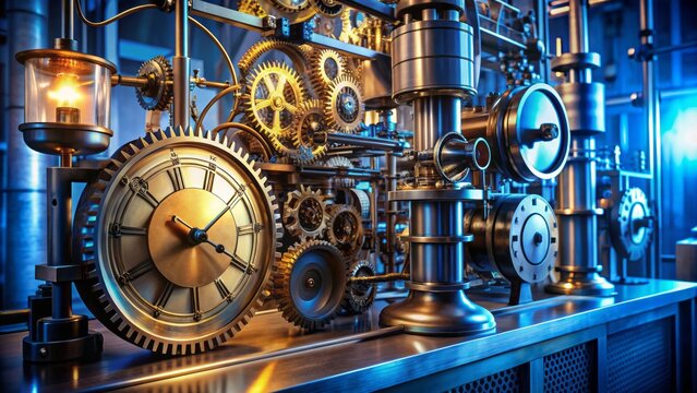 High-precision atomic clock displays accurate time with intricate mechanisms, gears, and dials, symbolizing precision, science, and modern technology in a futuristic laboratory setting.