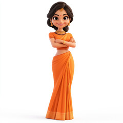 3D cartoon, Indian woman in her late thirties, wearing a saree and chunri. on white background
