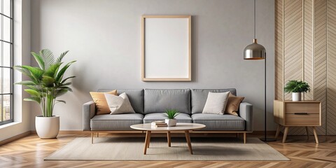 Mockup poster frame on living room wall with sofa and table, mockup, poster, frame, living room, wall, sofa, table