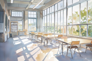 Fototapeta premium Watercolor illustration of a schoolroom with desks, chairs and large windows. 