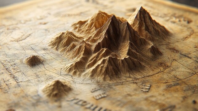 ancient 3 dimensional treasure map marking the position of a mountain range