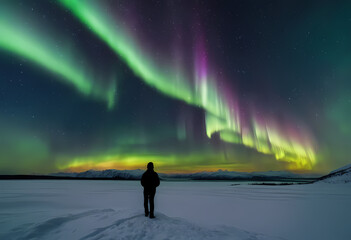 silhouette of a person in the mountains with northern lights
