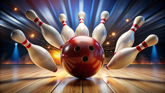 Close-up action shot of a bowling ball hitting pins in a strike, bottom view , bowling, ball, pins, strike, ten pin, game