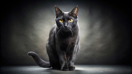 Eerie black cat with arched back and glowing eyes on a shadowy gray background, black cat, eerie, Halloween