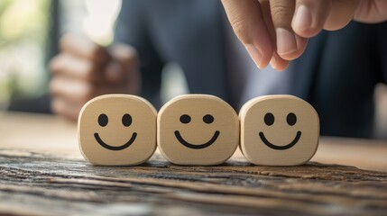 customer services best excellent business rating experience. Satisfaction survey concept. Hand of a businessman chooses a smile face on wood block circle. 5 Star Satisfaction