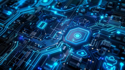 Tech Picture Reference. Abstract Blue Circuit with AI Symbols