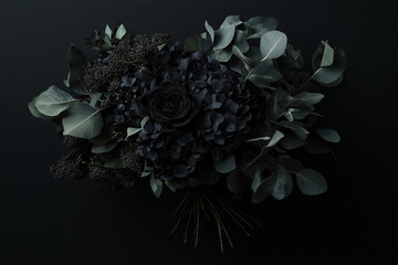 Dark gothic large bouquet with a variety of black flowers and tenon green leaves. 