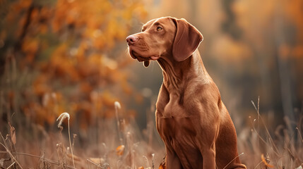 Hungarian hound pointer vizsla dog in autumn time in the field.