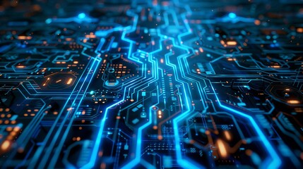 Tech Picture Reference. Abstract Blue Circuit with AI Symbols