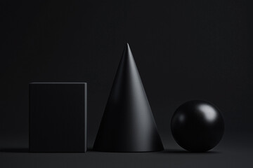 Black geometric figures cube, cone and sphere on black background. 