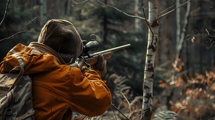 Naklejka premium Hunter during hunting in a forest, holding a rifle and aiming at a deer.