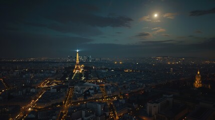 Naklejka premium Aerial view of paris city lights at night with the eiffel tower shining on the cityscape under the moonlight