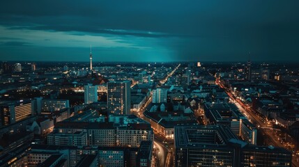 Fototapeta premium Berlin cityscape showing illuminated buildings at dusk with the tv tower in the distance