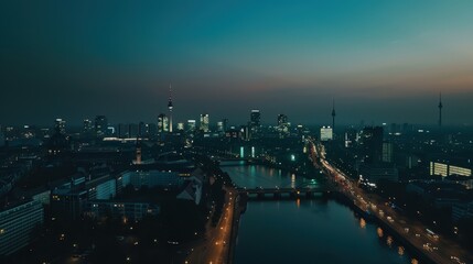 Fototapeta premium Aerial view of the berlin skyline at dusk, with the spree river flowing through the city center and city lights illuminating the urban landscape