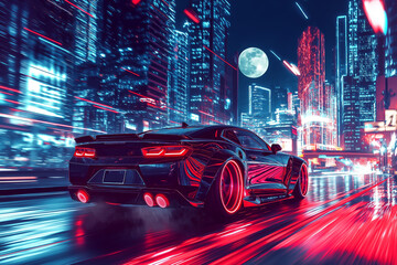 A modern sports car rushes along the night road along the buildings and skyscrapers with neon shaky lighting. 