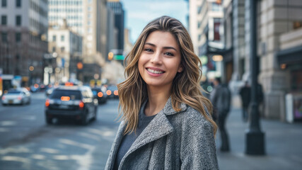 Fototapeta premium Outdoor portrait of a smiling young woman in her late twenties or early thirties with brown hair and standing on a busy downtown street. Bright sunny day. Shopping.